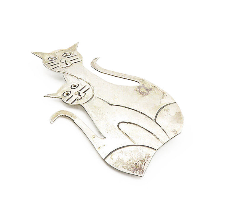 MEXICO 925 Sterling Silver  Vintage Mother Cat & Kitten Brooch Pin  BP3274