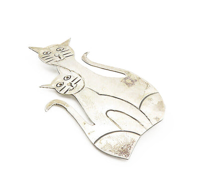 MEXICO 925 Sterling Silver  Vintage Mother Cat & Kitten Brooch Pin  BP3274