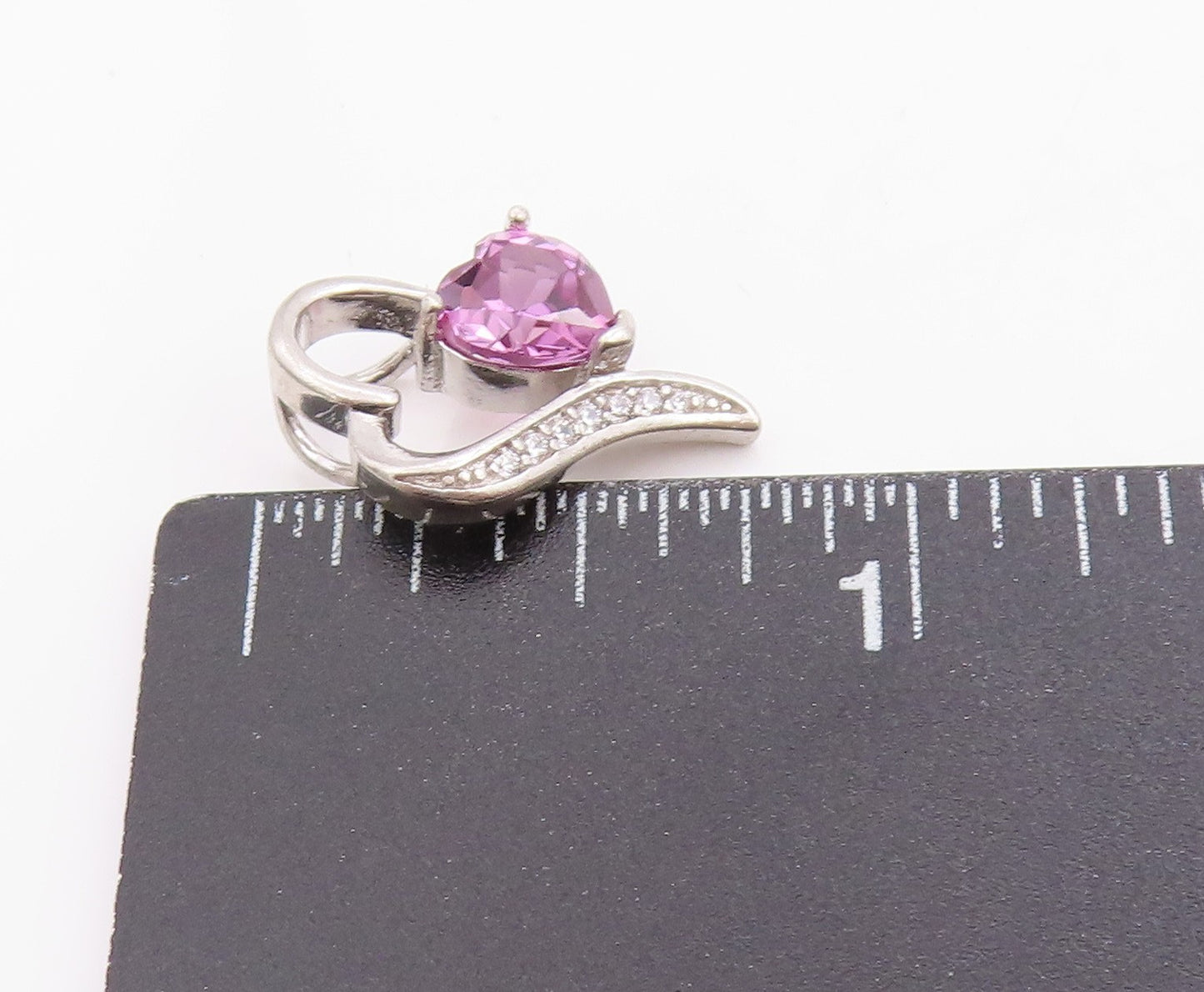 925 Sterling Silver Vintage Pendant Amethyst & CZ Stretched Love Heart  PT24917