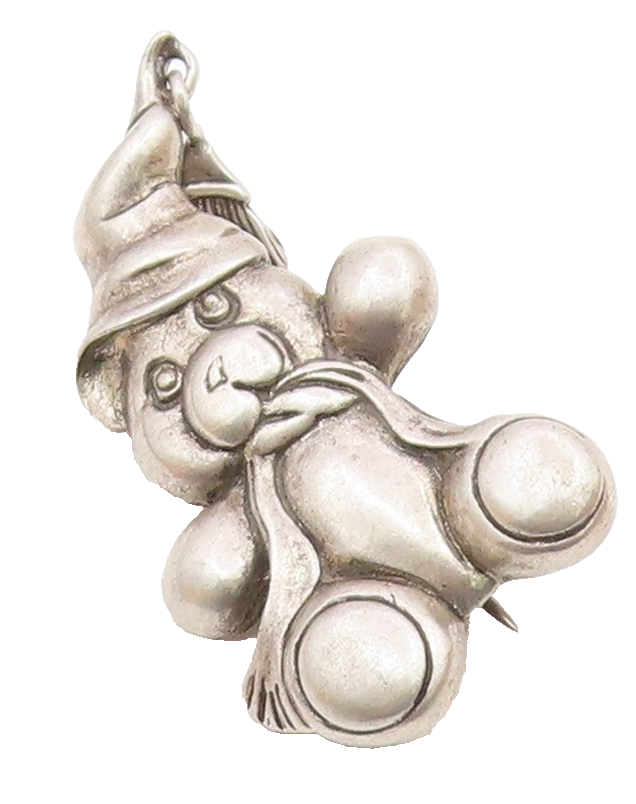 925 Silver  Vintage Carved Teddy Bear With Hat & Scarf Brooch Pin  BP9901
