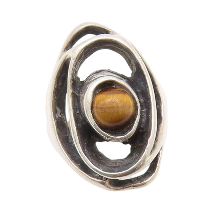 925 Sterling Silver Vintage Ring Dark Tone Brutalist Tiger's Eye  Sz 7  RG33033