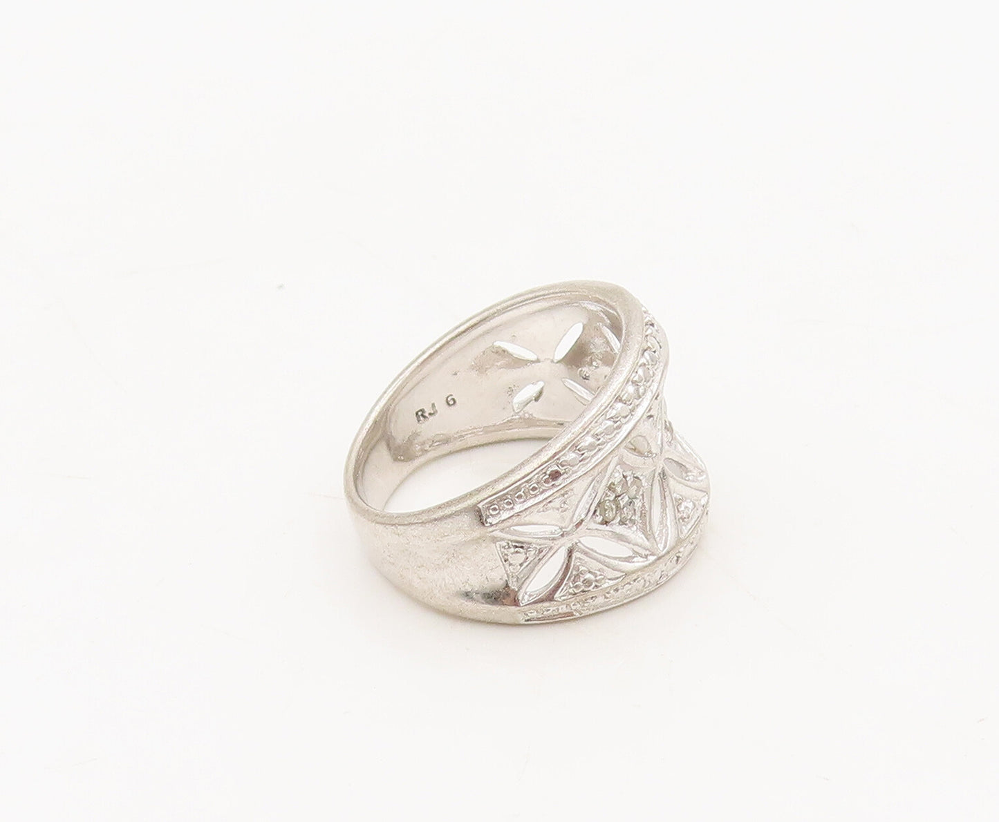 925 Sterling Silver  Vintage Floral Cutout Inlay Diamonds Ring Sz 6  RG27408