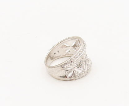 925 Sterling Silver  Vintage Floral Cutout Inlay Diamonds Ring Sz 6  RG27408
