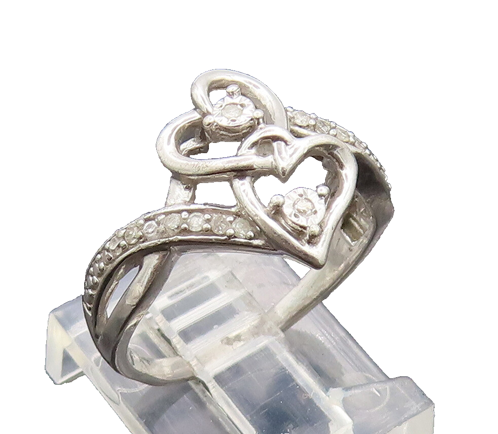 925 Silver Vintage Connected Hearts Of Diamonds Swirly Band Ring Sz 7  RG26868