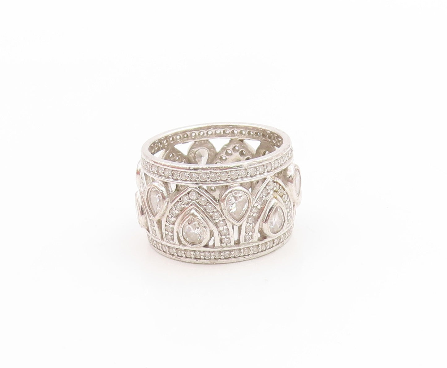 925 Sterling Silver Vintage Ring CZ Intricate Openwork Wide Band  Sz 7  RG34733