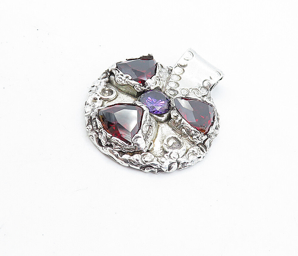 925 Sterling Silver  Vintage Amethyst & Red Topaz Sculpted Pendant  PT5026