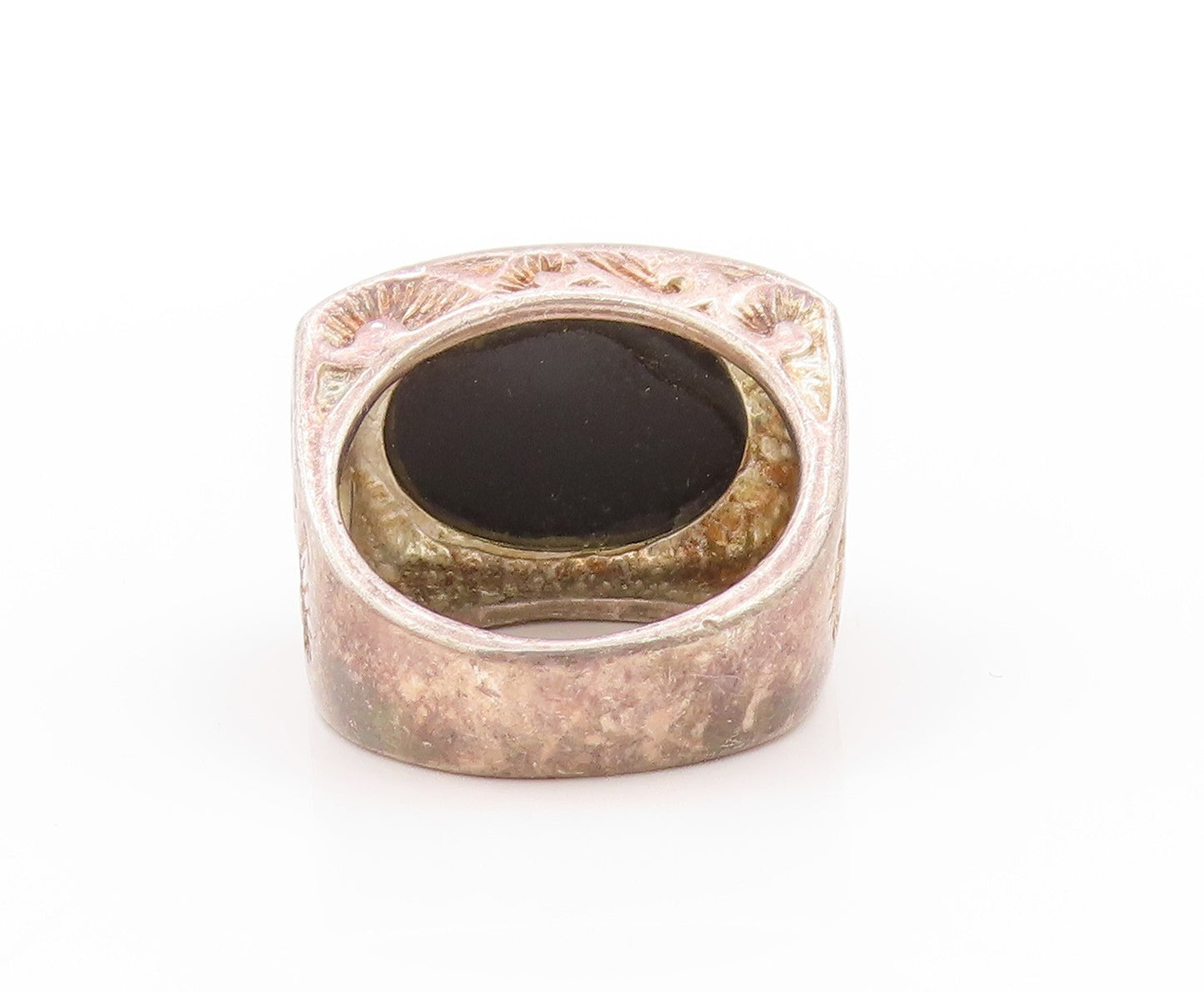 925 Sterling Silver Vintage Ring Swirls Etched Oval Cut Onyx  Sz 7  RG32846