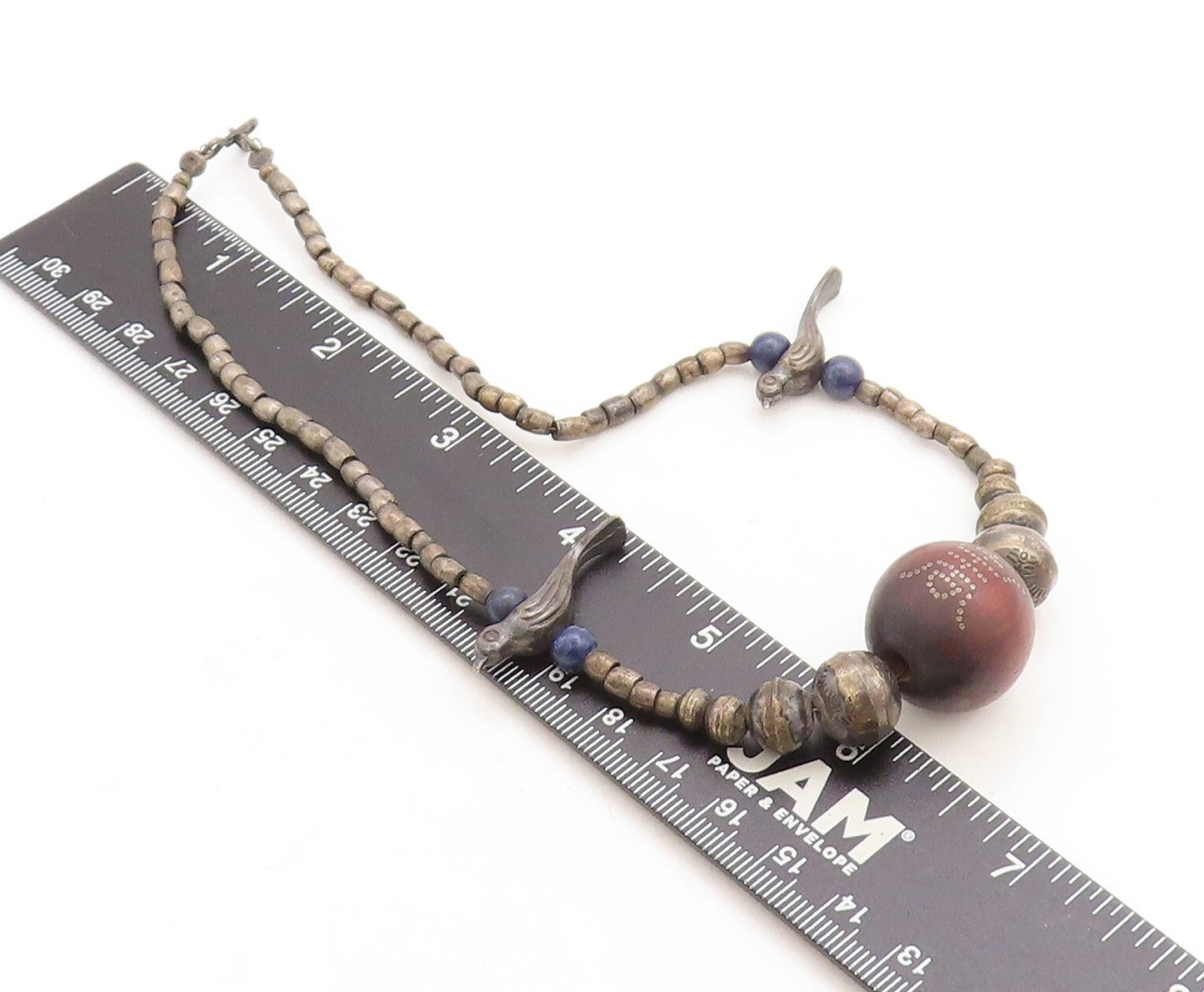 925 Sterling Silver Vintage Sodalite Bird Beaded Chain Necklace NE1421