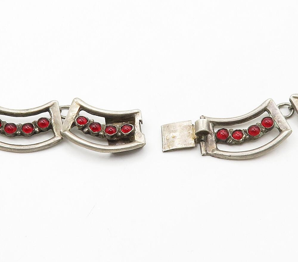 MEXICO 925 Silver  Vintage Cabochon Red Topaz Dark Tone Chain Necklace  NE2605