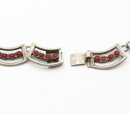 MEXICO 925 Silver  Vintage Cabochon Red Topaz Dark Tone Chain Necklace  NE2605