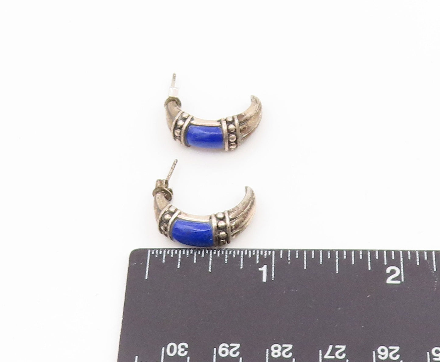 925 Sterling Silver Vintage Earrings Lapis Lazuli Ribbed Crescent Moon  EG14157