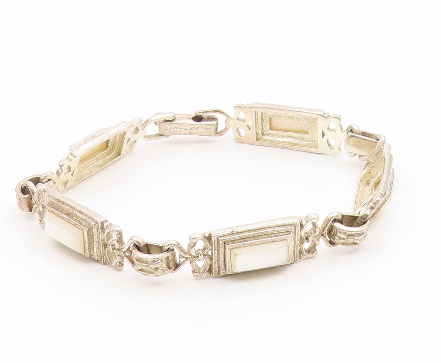 925 Sterling Silver Vintage Bracelet Mother Of Pearl Geometric Panel  BT11933