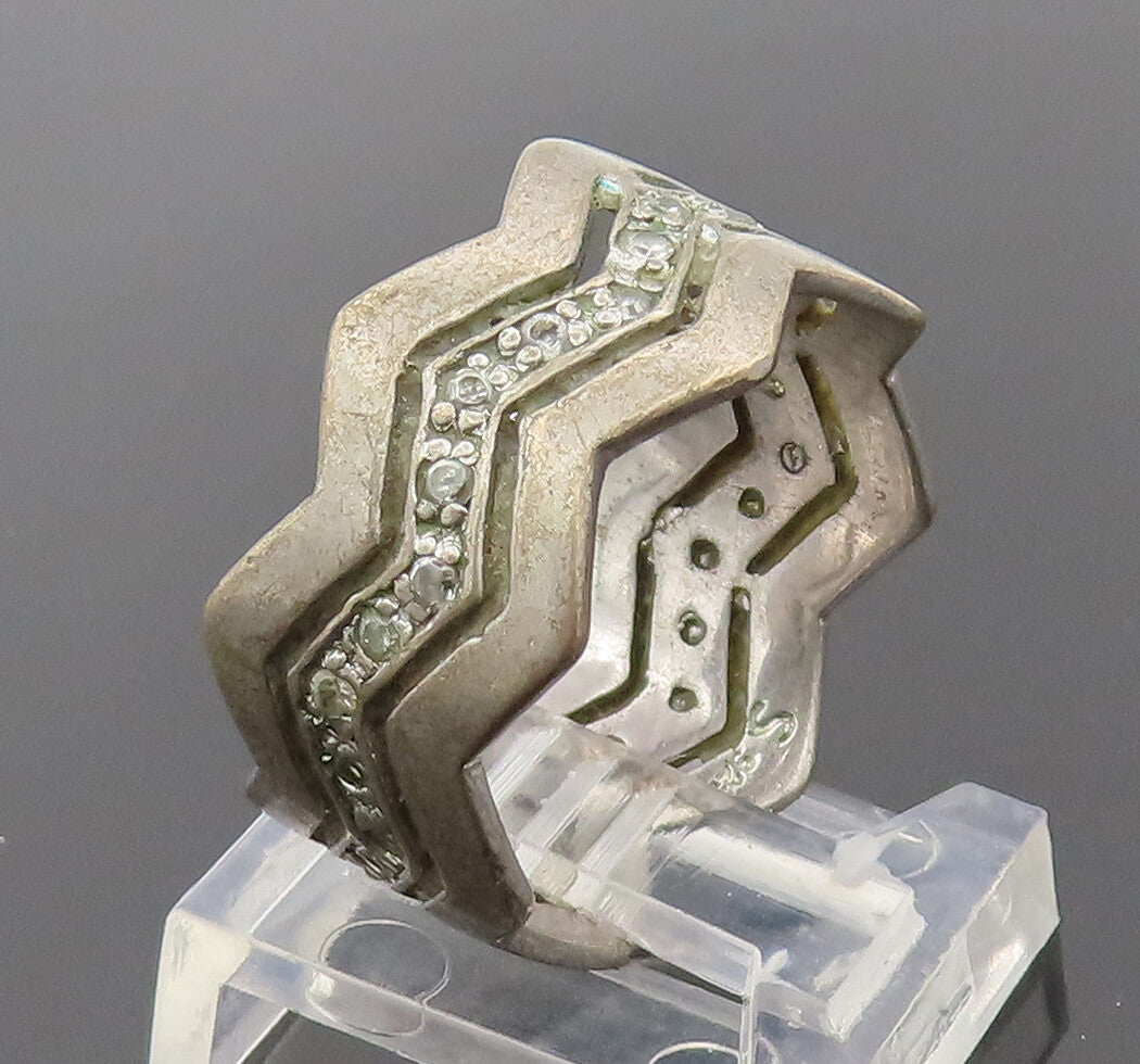 925 Sterling Silver  Vintage Zig Zag Solid Topaz Band Ring Sz 9.5  RG27441