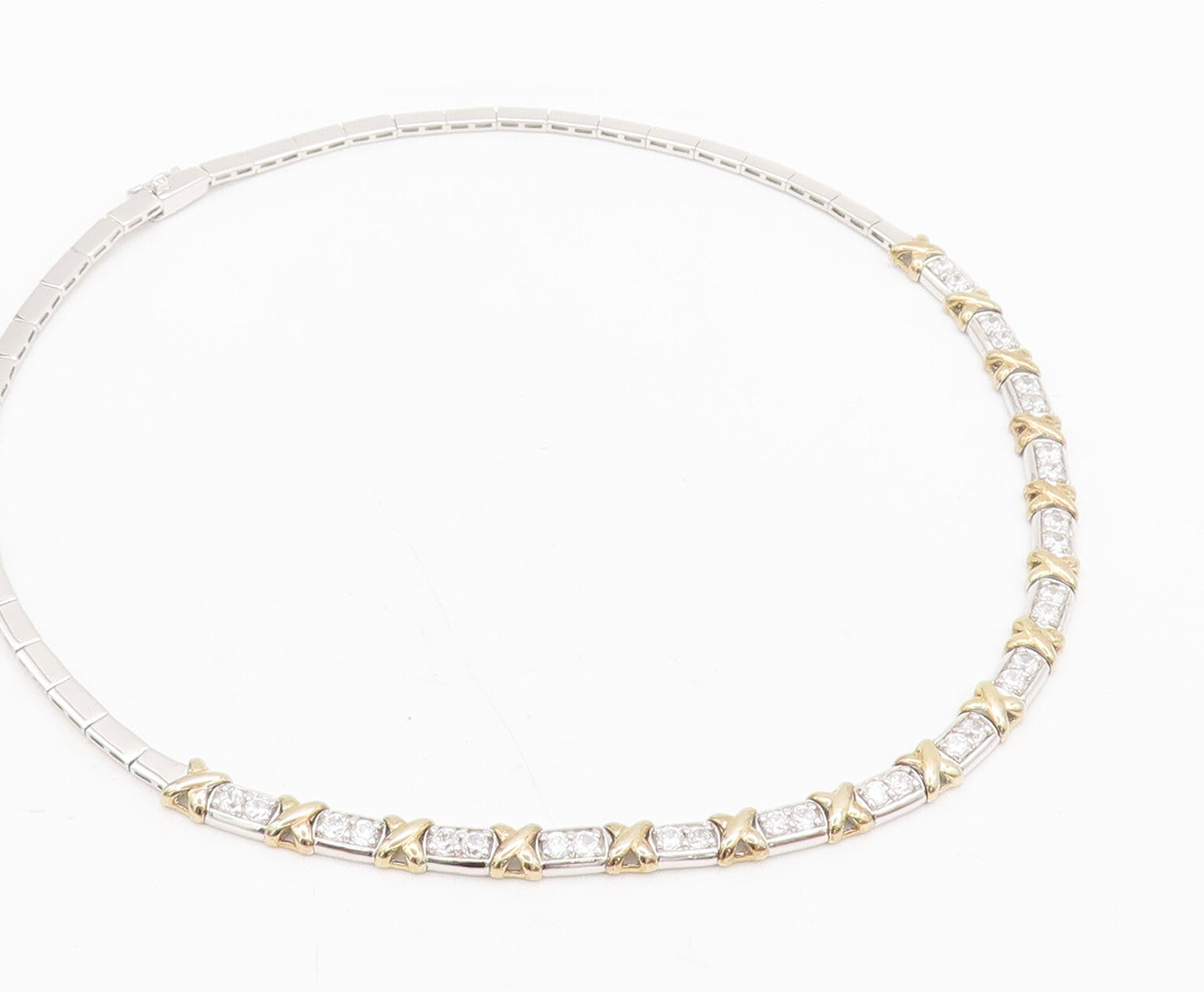 925 Sterling Silver  Vintage Gold Plated X Link Inlay CZ Necklace  NE4170