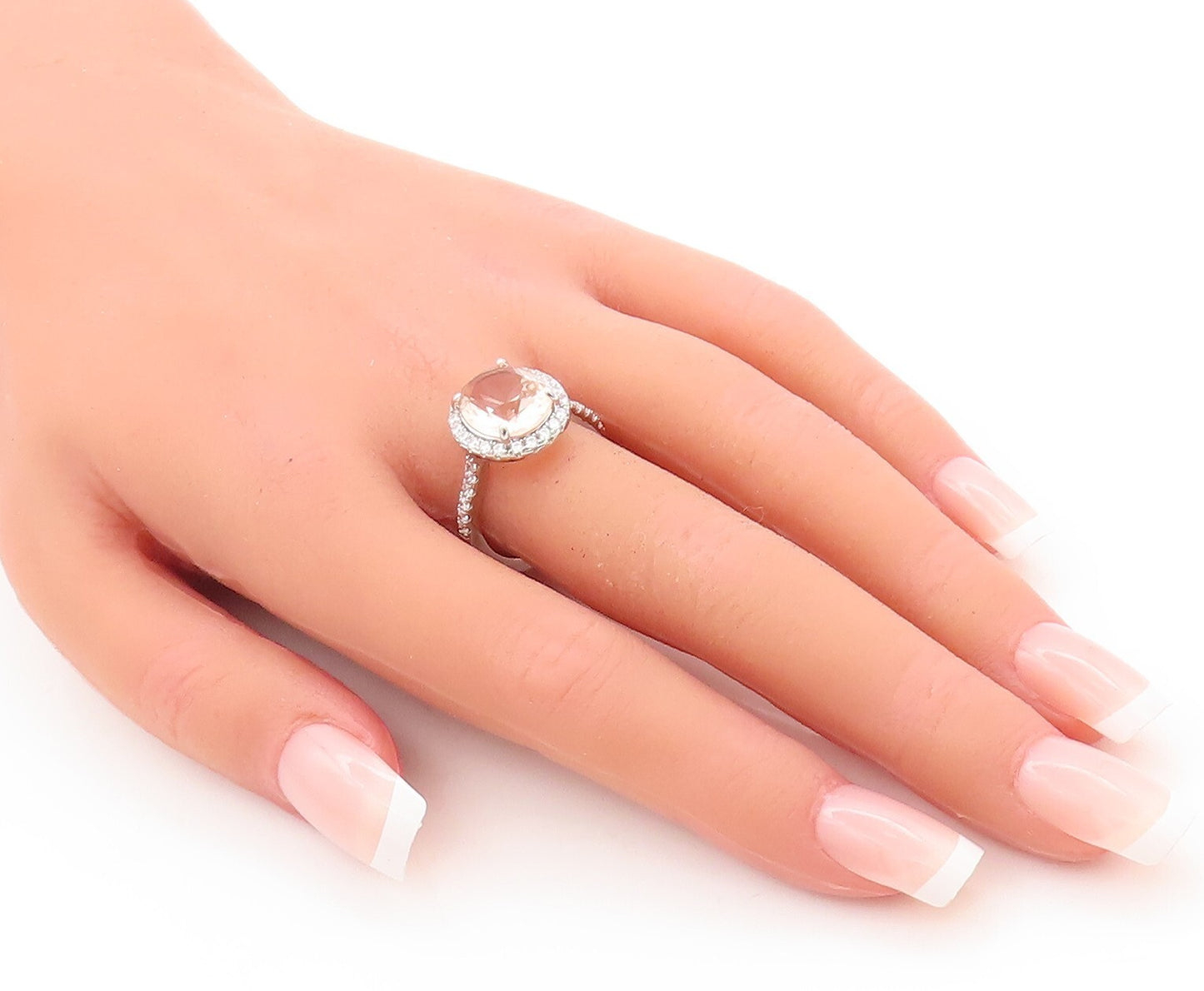 925 Sterling Silver Vintage Ring Oval Cut Morganite Halo CZ  Sz 7  RG29689