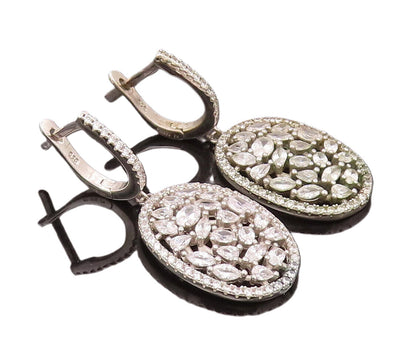 925 Silver  Vintage Dangling Oval Leaf Carved CZ Oval Drop Earrings  EG12493