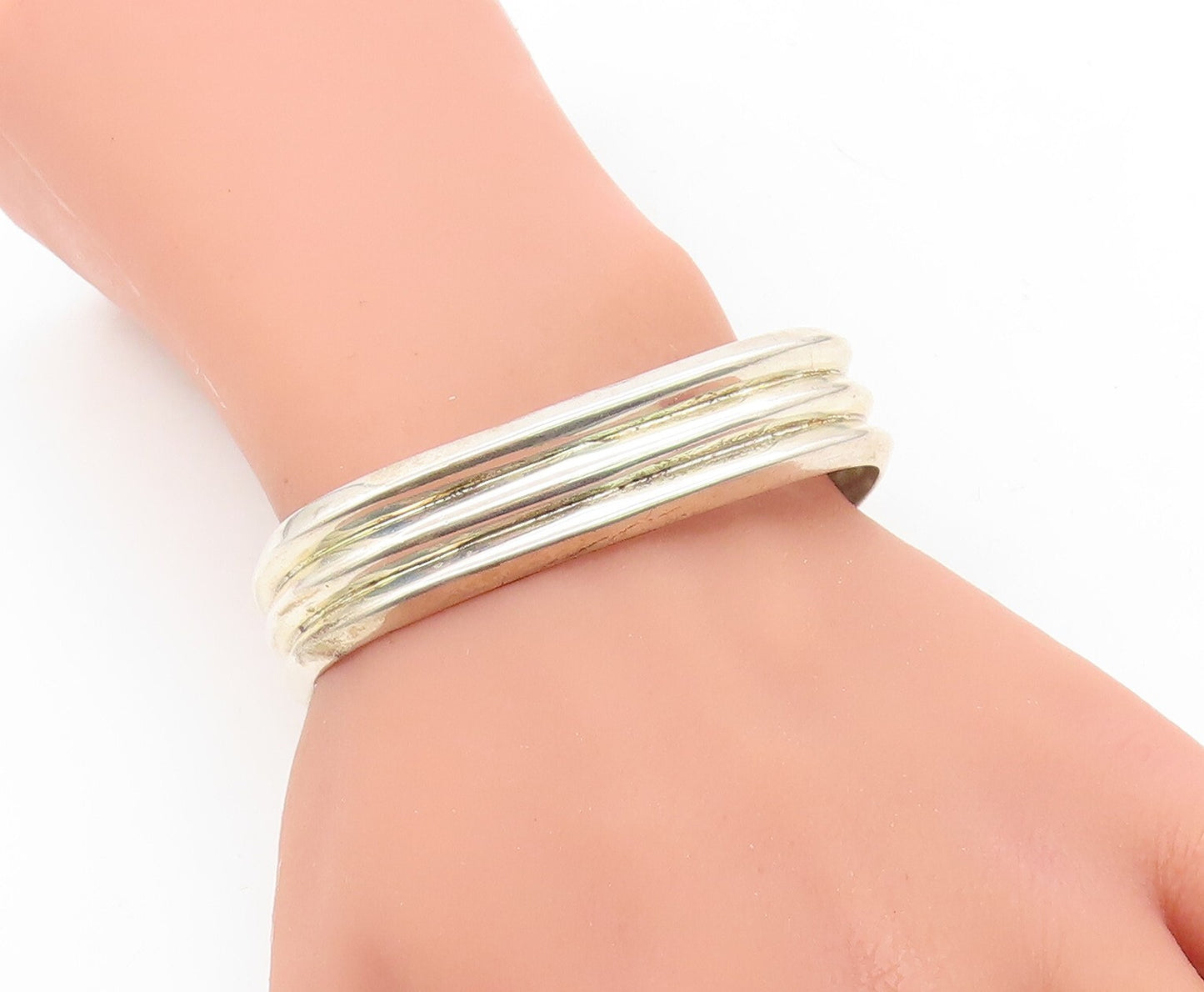 MEXICO 925 Sterling Silver  Vintage Shiny Fluted Square Cuff Bracelet  BT2812