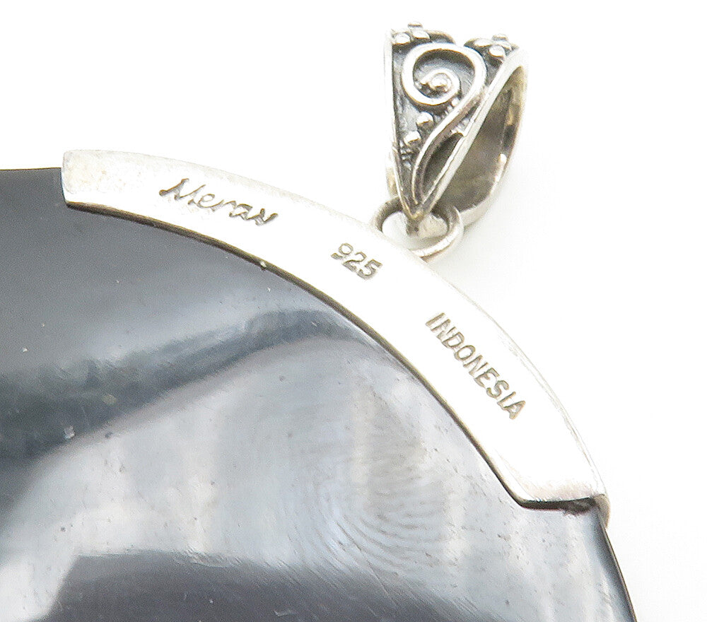 MERAV 925 Sterling Silver  Vintage Black Onyx Ornate Bail Pendant  PT13185