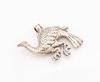 925 Sterling Silver Vintage Pendant Solid Puffed Carved Large Peacock  PT22934