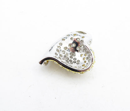 925 Sterling Silver  Shiny Cubic Zirconia Two Tone Love Heart Pendant  PT3799