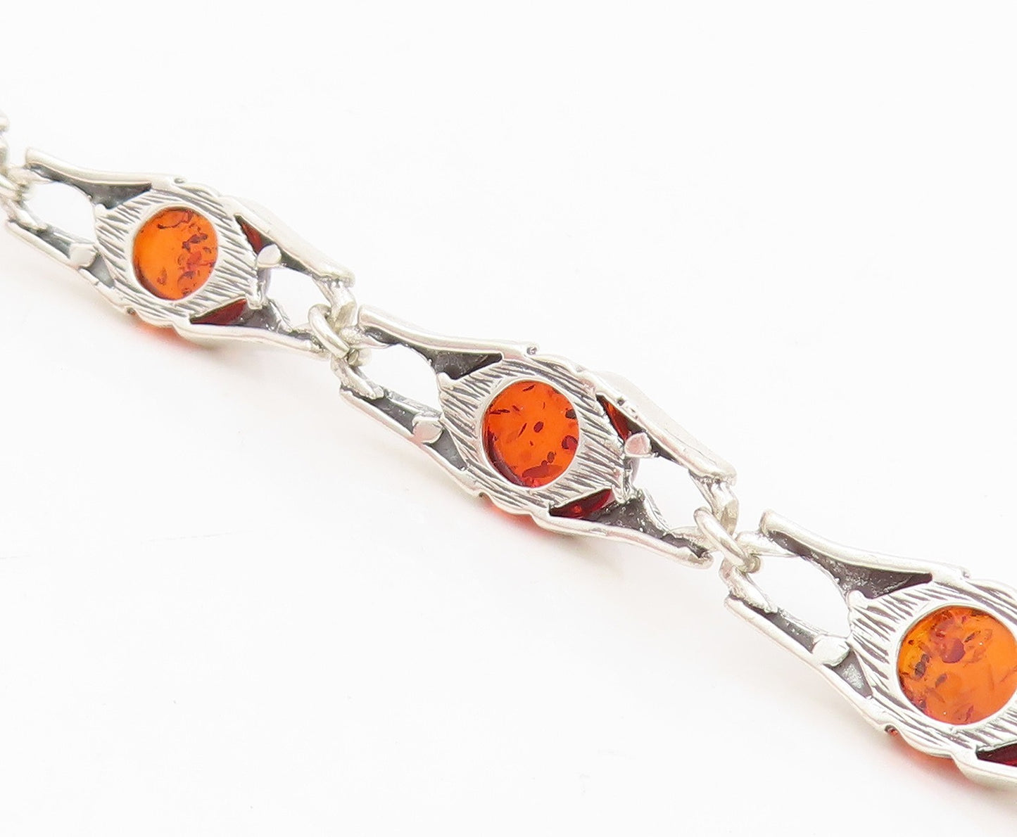 925 Sterling Silver Vintage Bracelet Cabochon Honey Amber Link Chain  BT11536