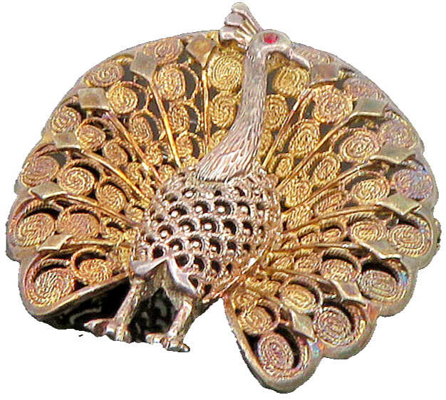 VAN LOU GERMANY 925 Silver  Vintage Ruby Peacock Filigree Brooch Pin  BP9320