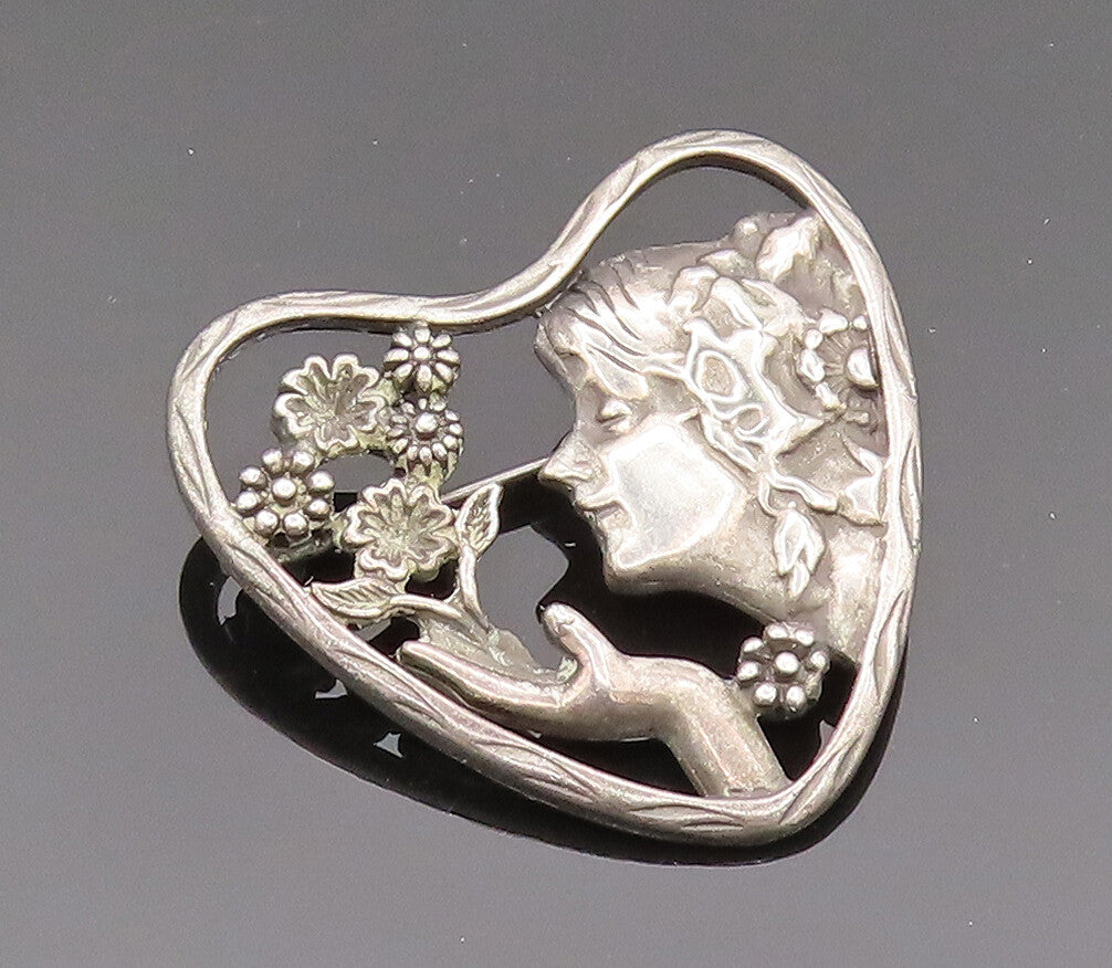 925 Silver  Vintage Antique Flower Lady Cutout Heart Brooch Pin  BP10149