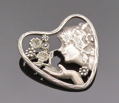 925 Silver  Vintage Antique Flower Lady Cutout Heart Brooch Pin  BP10149