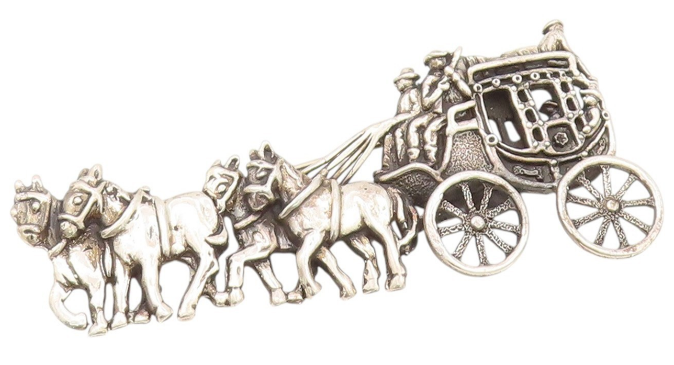 925 Sterling Silver Vintage Brooch Antique Cutout Royal Horse Cart  BP11683