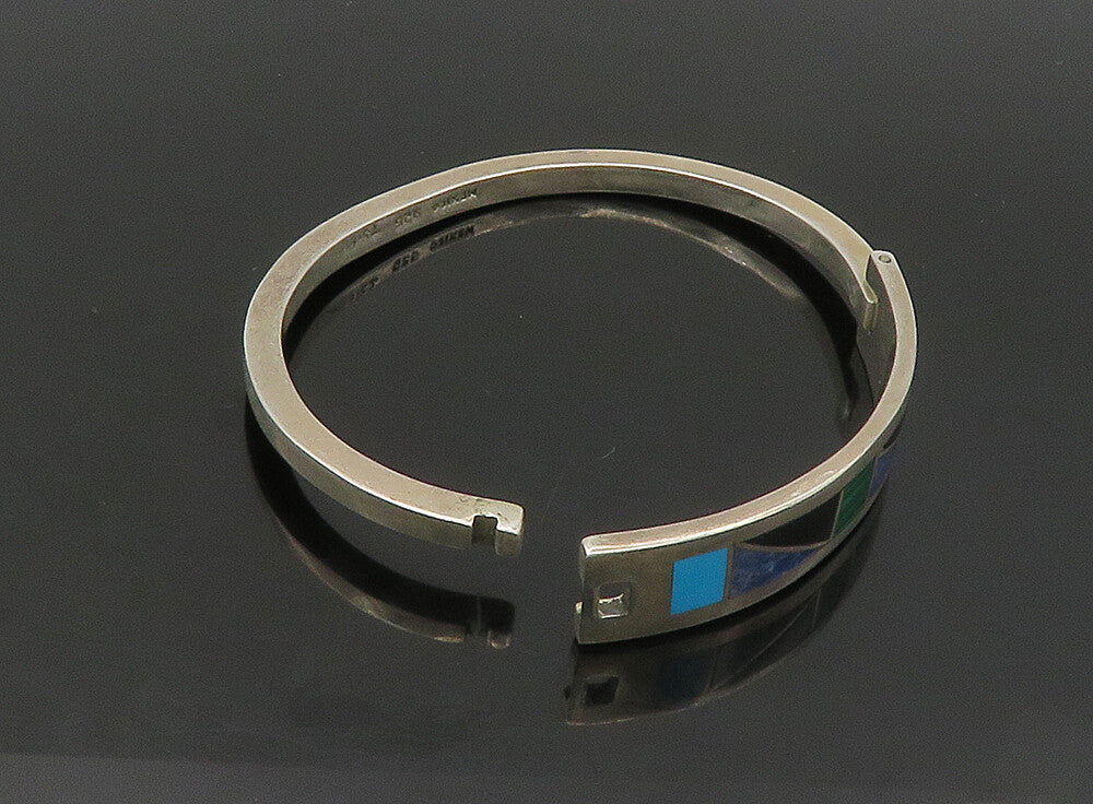 MEXICO 925 Silver  Vintage Turquoise Onyx & Sodalite Bangle Bracelet  BT9209