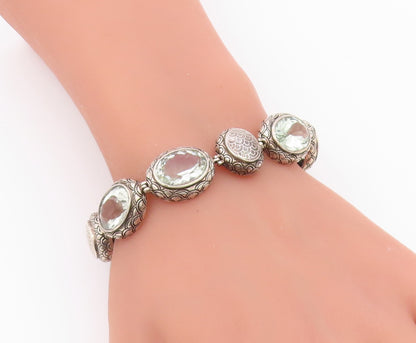 925 Sterling Silver Vintage Bracelet Green Amethyst Etched Oval Link  BT12188