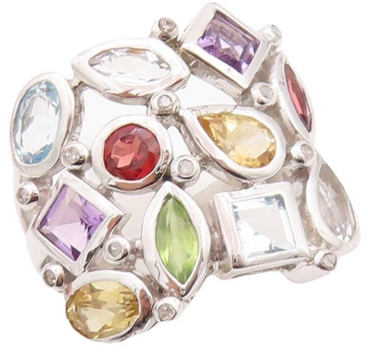 925 Sterling Silver Vintage Ring Multi Shape Multi Color Topaz  Sz 7  RG29935