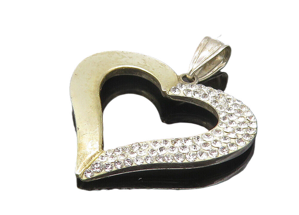 925 Sterling Silver  Vintage Shiny Topaz Open Love Heart Drop Pendant  PT9006