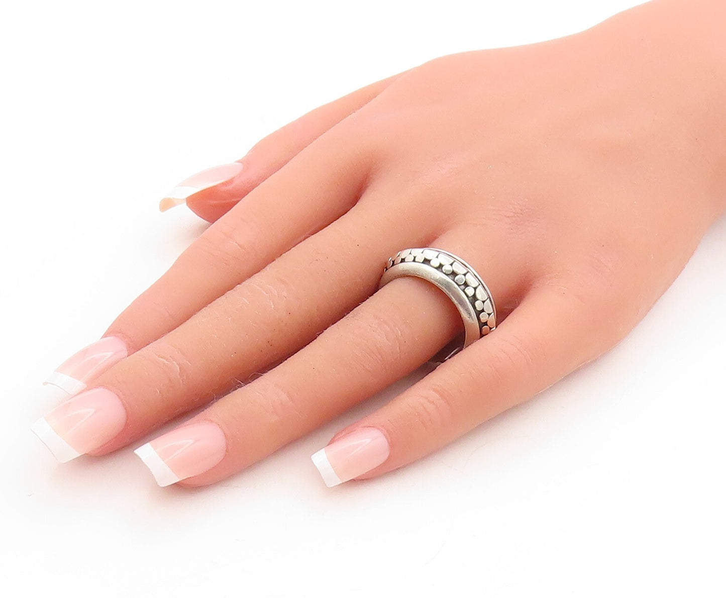 925 Sterling Silver Vintage Ring Solid Dot Effect Carved Spinner  Sz 9  RG31349