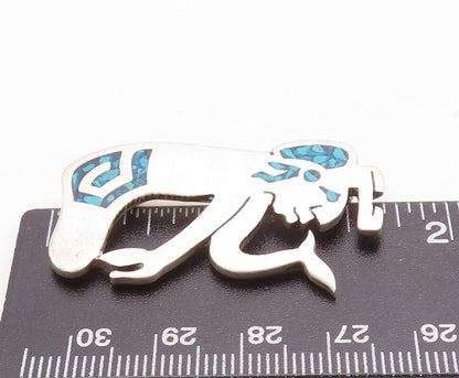 925 Sterling Silver Vintage Brooch Pin Crushed Turquoise Tribal Man  BP11427