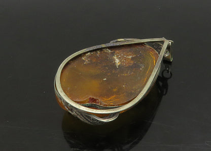 925 Sterling Silver  Vintage Cabochon Cut Tear Drop Amber Pendant  PT18778
