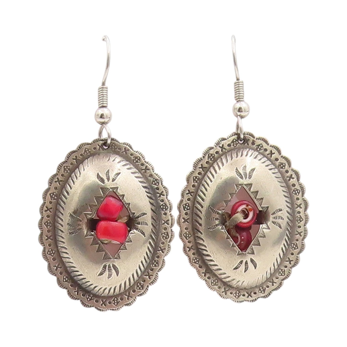 925 Sterling Silver Vintage Earrings SOUTHWESTERN Etched Oval Conchos EG13678