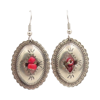 925 Sterling Silver Vintage Earrings SOUTHWESTERN Etched Oval Conchos EG13678