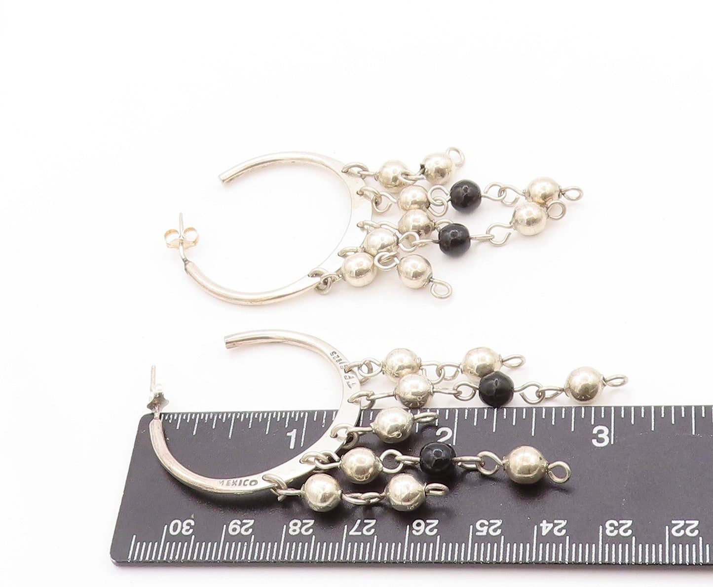 925 Sterling Silver Vintage Earrings MEXICO Dangling Beads & Onyx Hoops  EG13576