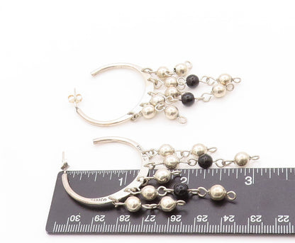 925 Sterling Silver Vintage Earrings MEXICO Dangling Beads & Onyx Hoops  EG13576