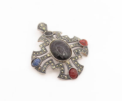 925 Sterling Silver Vintage Pendant JUDITH JACK Carved Scarab Gemstone  PT25901