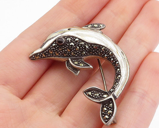 925 Sterling Silver  Vintage Marcasite Leaping Dolphin Brooch Pin  BP1639