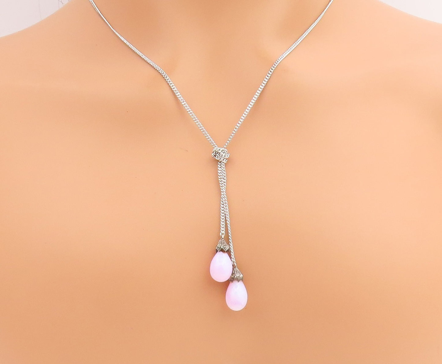 925 Sterling Silver Vintage Necklace Pink Opal Elegant Teardrop Knot  NE4806