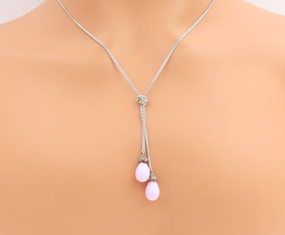 925 Sterling Silver Vintage Necklace Pink Opal Elegant Teardrop Knot  NE4806