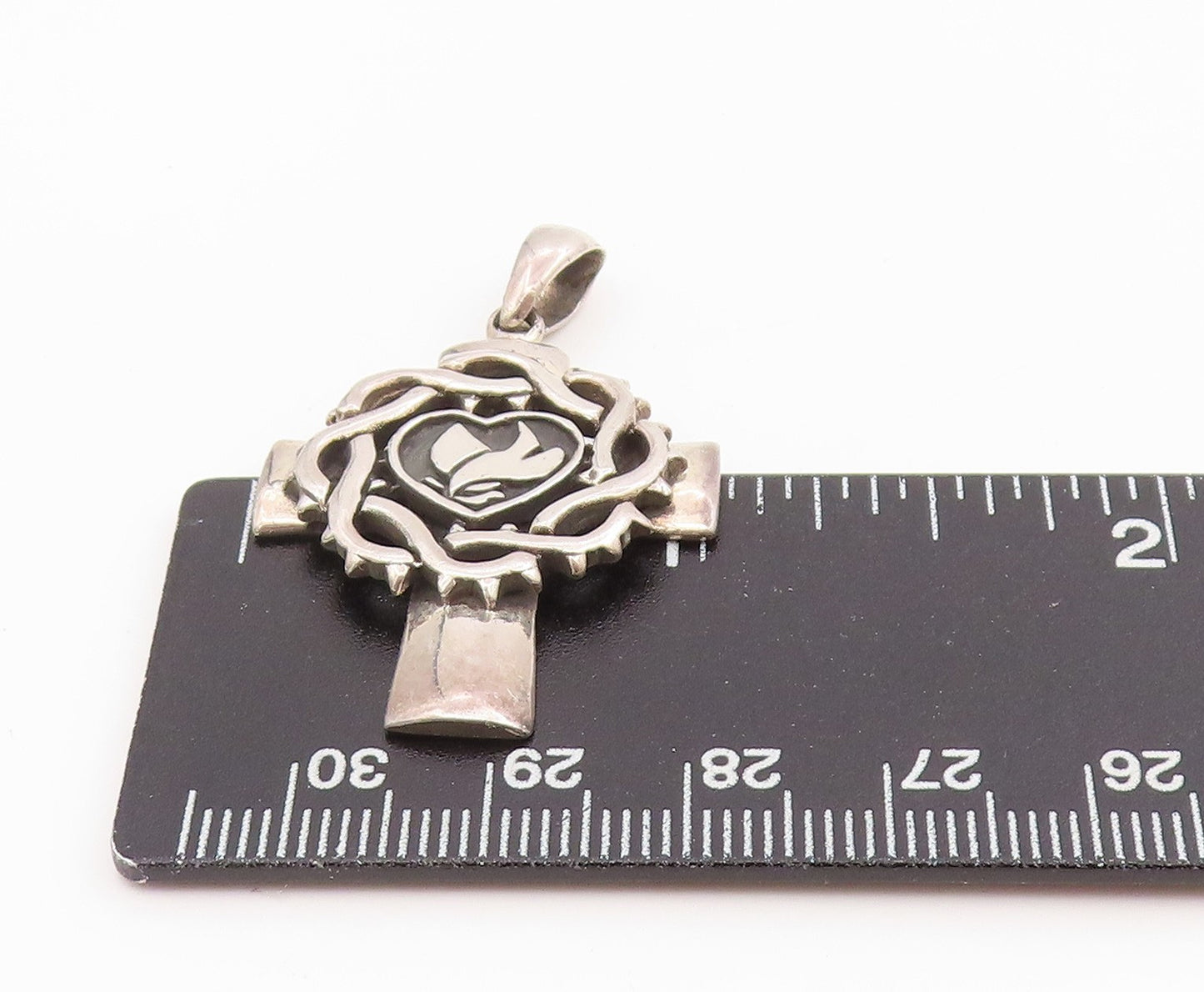 925 Sterling Silver Vintage Pendant Thorn Wrapped Dove & Heart Cross  PT25613
