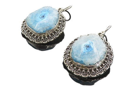 925 Sterling Silver  Vintage Blue Agate Slice Floral Dangle Earrings  EG3908