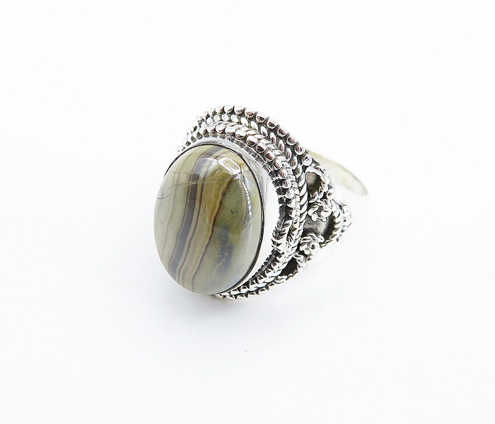 925 Sterling Silver  Cabochon Cut Agate Oval Cocktail Ring Sz 8.5  RG7751