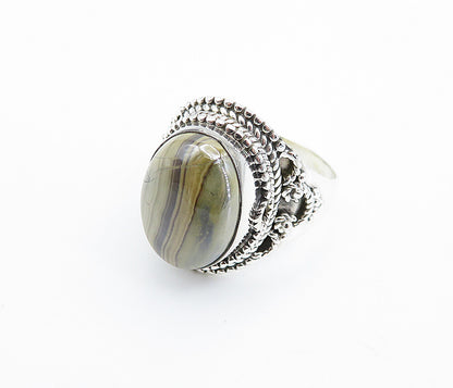 925 Sterling Silver  Cabochon Cut Agate Oval Cocktail Ring Sz 8.5  RG7751