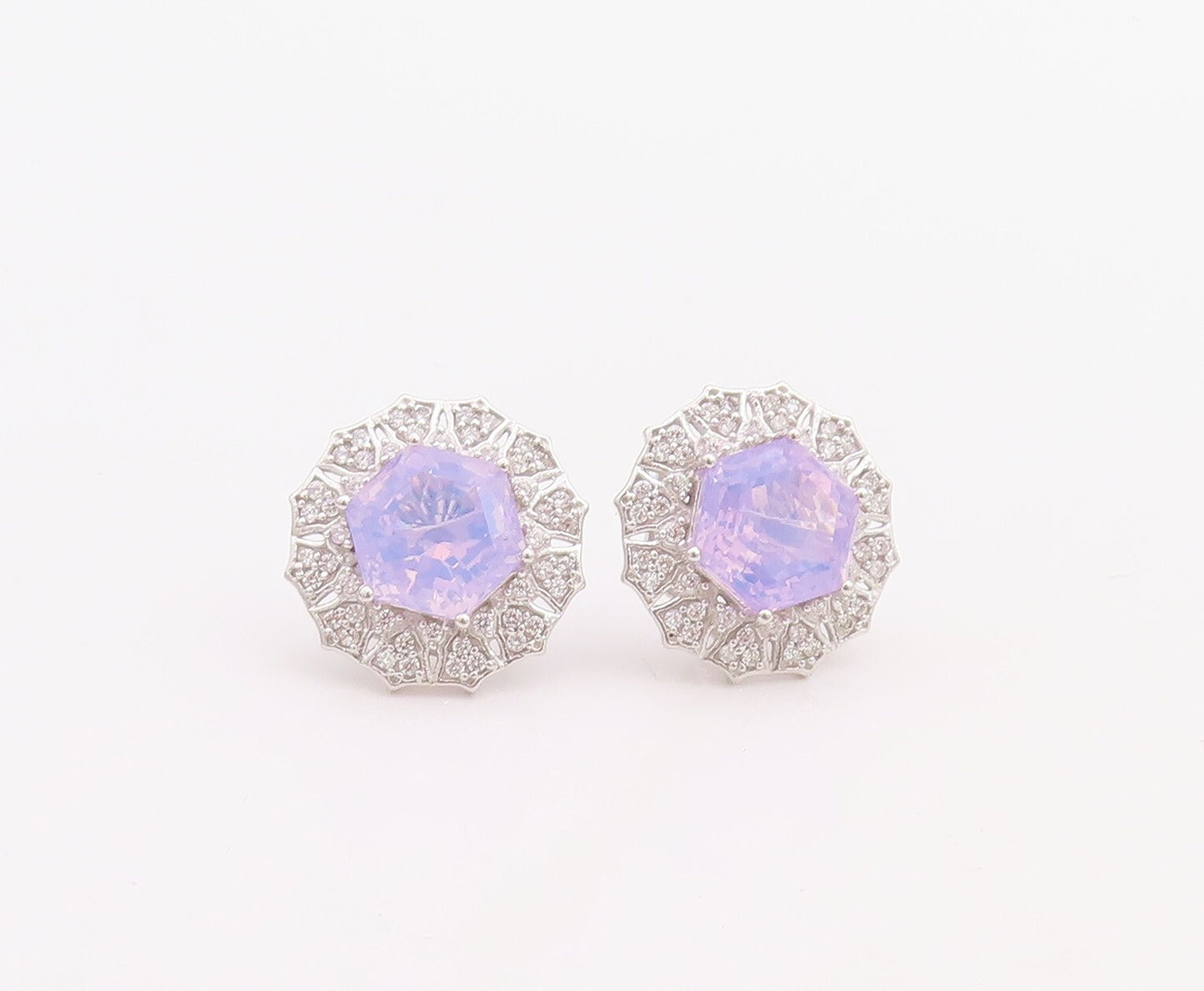 925 Sterling Silver Vintage Earrings Purple & White CZ Floral Inlay  EG13247