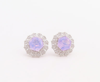 925 Sterling Silver Vintage Earrings Purple & White CZ Floral Inlay  EG13247